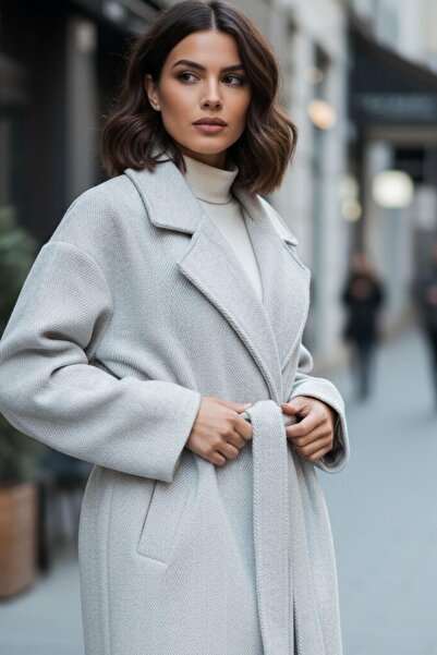 Mossta Oversized Belted Women's Coat – Light Gray Modern Fit