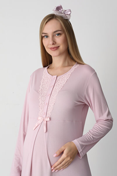 ERDENİZ TEKSTİL Lace Detailed Viscose Fabric Maternity Nightgown and Robe Set of 2 - Includes Slippers and Crown as a Gift