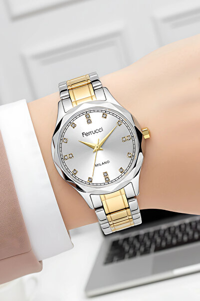 Ferrucci Steel Case Women Wrist Watch, Bracelet Gift Silver-Gold Color Zmfer212