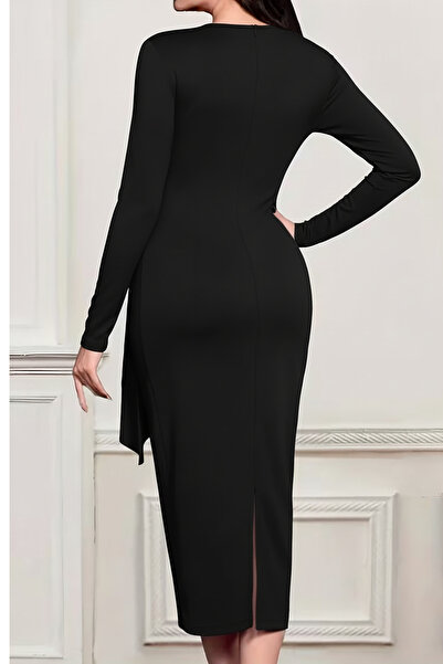 Deafox Μαύρο φόρεμα με στρογγυλή λαιμόκοψη με μακριά μανίκια με λεπτομέρεια καρφίτσας ντραπέ Ασύμμετρο φόρεμα από ύφασμα κρεπ