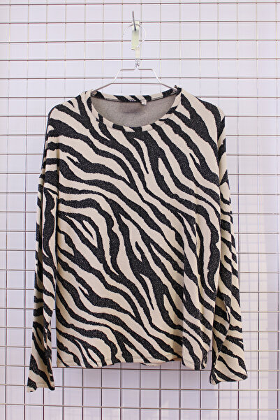 YXL COLLECTION Women's Plus Size Black Ecru Zebra Pattern Crew Neck Long Sleeve Knitted Mom Blouse Sweater