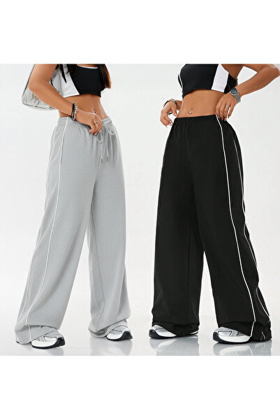 De Carte Kadın Oversize Bol Kesim Zip Side Yan İnce Çift Çizgili Pantolon Tarz Eşofman Altı