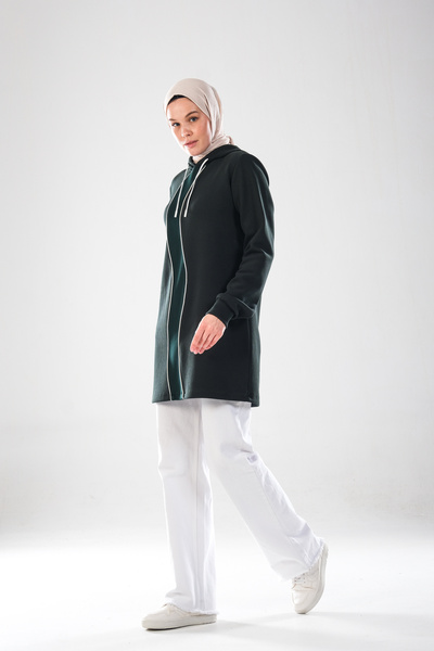 Plistre 2298_Γυναικείο με κουκούλα Ενδιάμεσο διακοσμητικό ρέλι Βαμβακερό ελαστικό μακρυμάνικο μακρύ φούτερ – Πικέ Τεσσέτουρ Αθλητικό Τούνικ