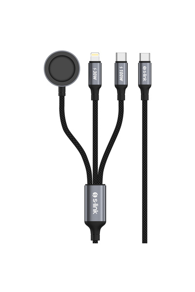S-LINK Armor CLW-01 100W 1.2m Type-C to Type-C Lightning - Watch Metal Başlıklı 3in 1 Örgülü Siyah H