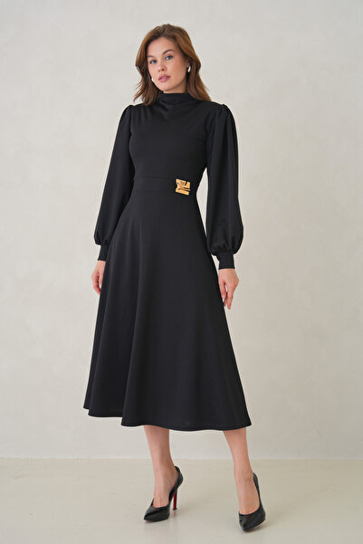WOMAN VISION Women's Stretchy Crepe Fabric Detachable Gold Brooch Long Sleeve Midi Length Flared Cut Black Dress 77155