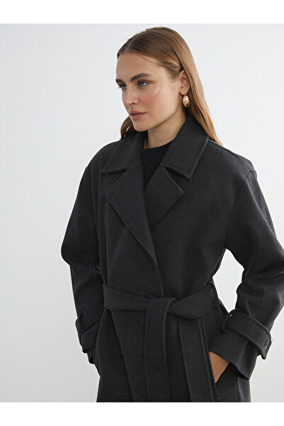 LC Waikiki Classic Anthracite Double-Breasted Collar Women's Cashmere Coat