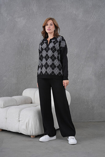 Park Karon Women's Polo Yak Abaklava Pattern Sweater Pants Two-Piece Set