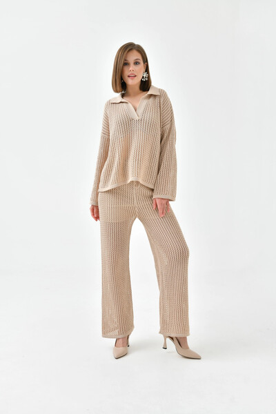 Park Karon Women's Polo Neck Knit Detail Sweater Lined Pants Two-Piece Knitwear Set