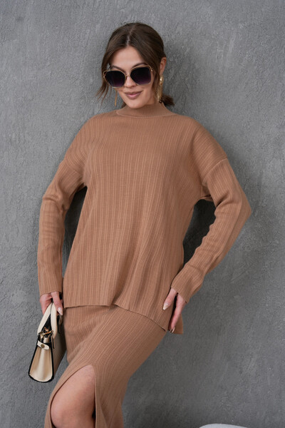 Park Karon Women's Mock Neck Sweater Slit Long Skirt Two-Piece Knitwear Set