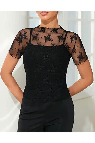 FloresDeCarnaval فلور نوار 🖤 بلوزة سوداء شفافة من الدانتيل/التول