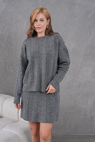 Park Karon Women's Crew Neck Hair Knit Sweater Skirt Two-Piece Knitwear Set