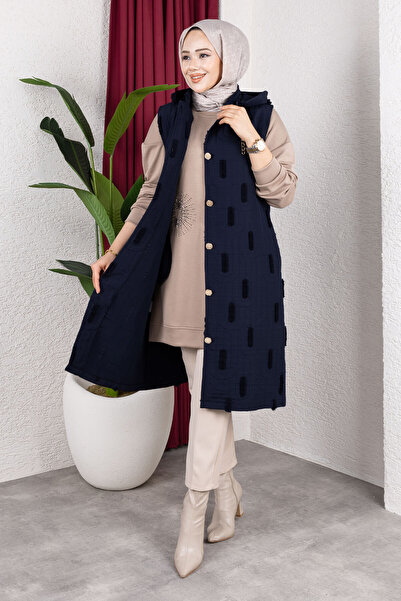 Tesettür Dünyası Feather Detailed Quilted Vest Tsd250216 Navy Blue