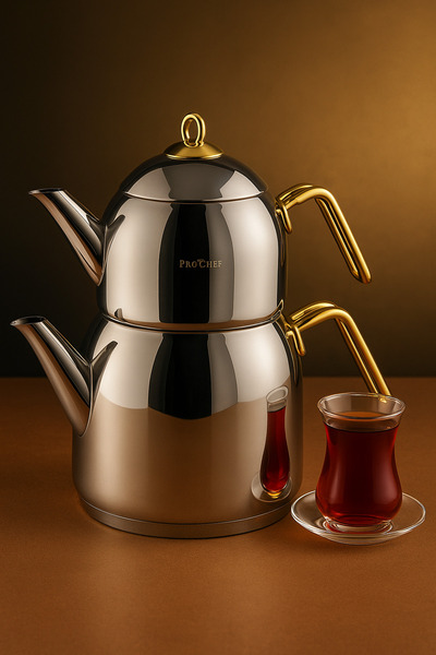 KAMPANYALI Polochef Orta Boy Gold Paslanmaz Çelik Çaydanlık Takımı | İndüksiy...
