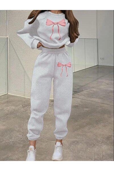 Oceanwear Fiyonk Printed Women's Bottom Top Gray Printed Tracksuit Set