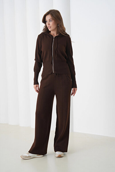 Park Karon Дамски комплект от пуловер с качулка и цип и панталони, плетен, двукомпонентен