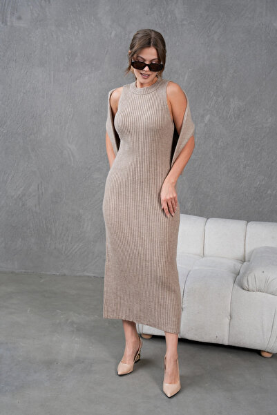 Park Karon Women's Button Detail Ceket Sleeveless Ribbed Knit Dress Double Kn...