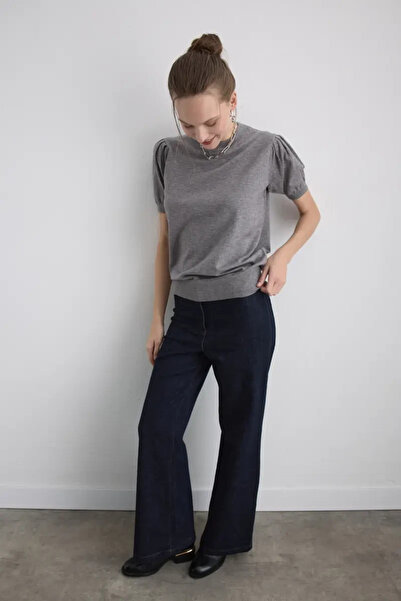 Gusto Balloon Sleeve Knit Blouse - Gray