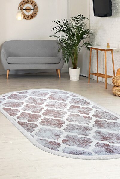 Dijidekor Covor DIGITAL Oval cu franjuri DESIGN MODERN CULOARE BEJ Ștergabil 80x150