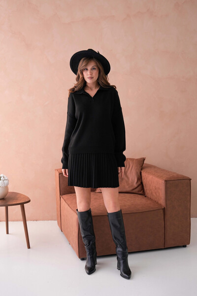 Park Karon Women's Polo Neck Low Sleeve Sweater Short Skirt Two-Piece Knitwear Set