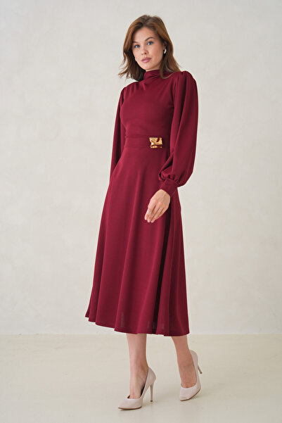 WOMAN VISION Women's Stretchy Crepe Fabric Detachable Gold Brooch Long Sleeve Midi Length Flared Cut Burgundy Dress 77155