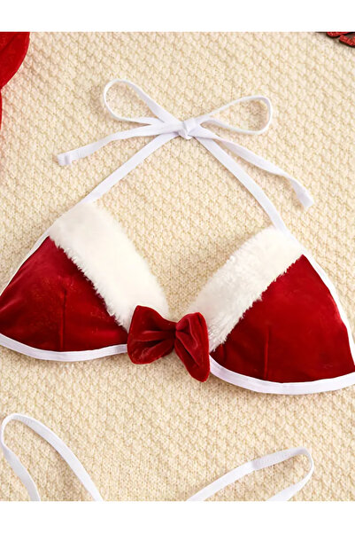 CN Sexy Plush 3 Point Role Play Christmas Reindeer Antler Lingerie Set - Red and White Ribbon Detail