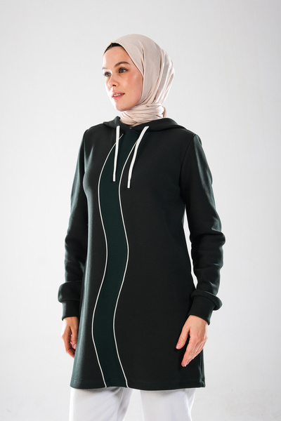 Plistre 2298_Γυναικείο με κουκούλα Ενδιάμεσο διακοσμητικό ρέλι Βαμβακερό ελαστικό μακρυμάνικο μακρύ φούτερ – Πικέ Τεσσέτουρ Αθλητικό Τούνικ