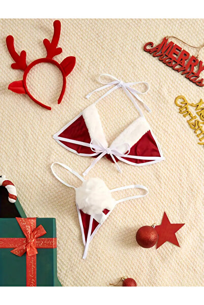 CN Sexy Plush 3 Point Role Play Christmas Reindeer Antler Lingerie Set - Red and White Ribbon Detail