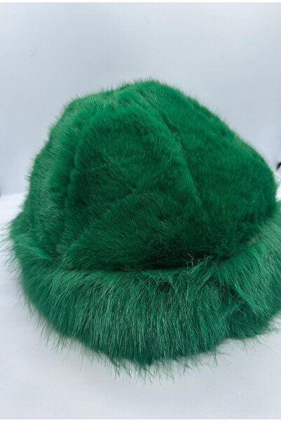 Xo Kadın %100 hassas doku Zümrüt Yeşil kürklü peluş kalpak şapka