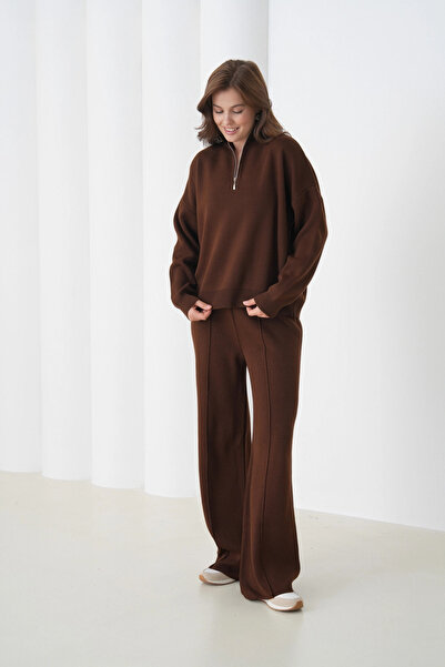 Park Karon Women's Mock Neck Half Placket Zipper Slit Sweater Pants Two-Piece Knitwear Set