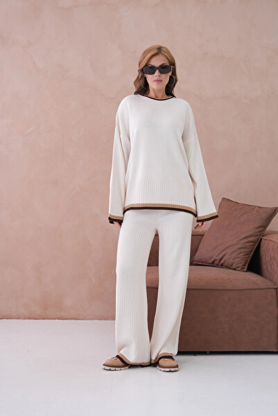 Park Karon طقم تريكو نسائي مكون من سترة وبنطلون بياقة دائرية وأكمام منخفضة