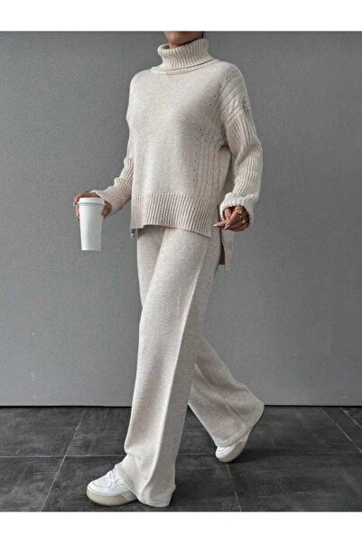 NEWCO Жіночий комплект з трикотажу з філігранним коміром, візерунком у вигляді косичок і розрізами з боків, антрацитовий