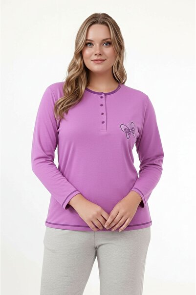 MAMAYAGA Women's Crew Neck Buttoned Butterfly Embroidered Long Sleeve Plus Size Cotton Curve Nightgown