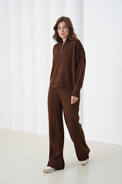 Park Karon Women's Mock Neck Half Placket Zipper Slit Sweater Pants Two-Piece Knitwear Set