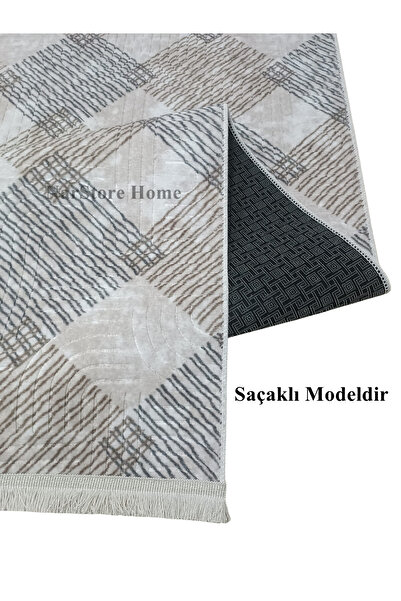 NaRStore Home Geometrik Desen Saçaklı Kahverengi Krem Kaymaz Taban Yıkanabili...