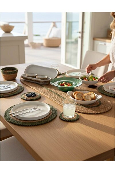 home inn 4-Person Luxury Wicker Weave Green Tableware Set (American Service, Runner, Basket, Bread Plate) - 16 Pieces