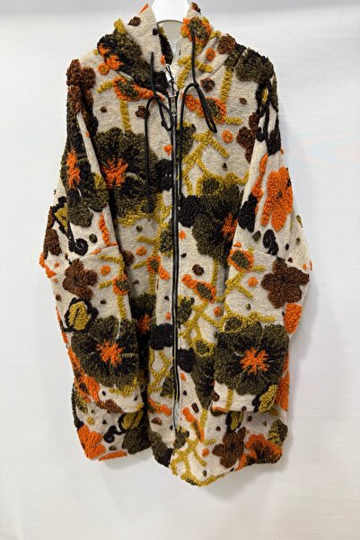 della moor Women's Beige Italian Plus Size Wool Long Felt Coat Floral Embossed Zippered K Hooded 40-52 Size