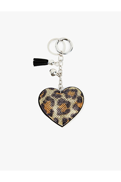 ela777 Püsküllü Taşlı Leopar Desenli Kalpli Anahtarlık (metal kısmı altın sar...
