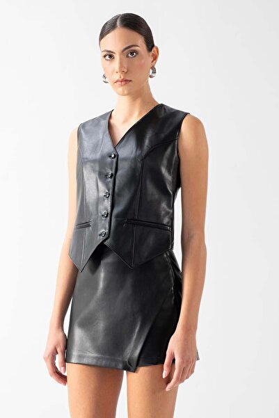 Spazio Redgrave V Yaka Kulplu Deri yelek SİYAH