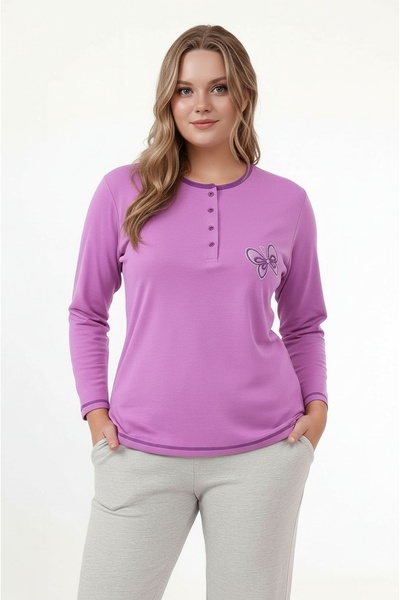 MAMAYAGA Women's Crew Neck Buttoned Butterfly Embroidered Long Sleeve Plus Size Cotton Curve Nightgown