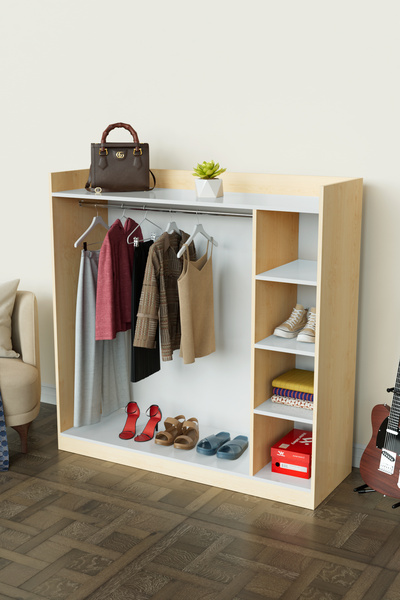 Hediyeler Kapında 4 Rafli Mini Gardırop askılıklı Vestiyer Çok Amaçlı Kapaksız Elbise Dolabı