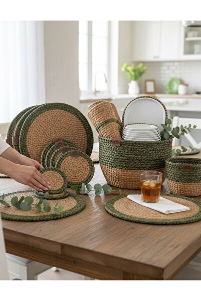 home inn 4-Person Luxury Wicker Weave Green Tableware Set (American Service, Runner, Basket, Bread Plate) - 16 Pieces