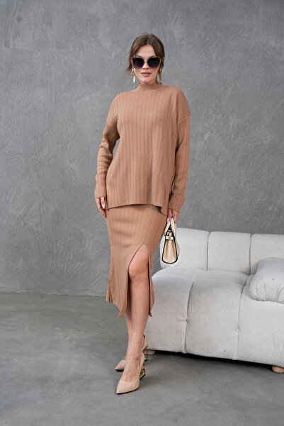 Park Karon Women's Mock Neck Sweater Slit Long Skirt Two-Piece Knitwear Set