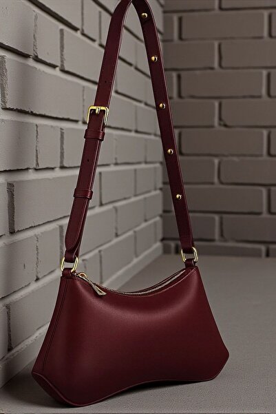 DEMESİ Women's Zippered Burgundy Dorella Baguette Bag with Gold Accessory Detail