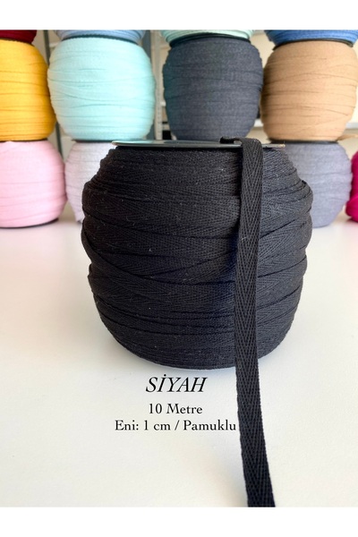 seyranat 10 Metre Eni 1 Cm Siyah Renk %100 Pamuklu Dar Dokuma-Balıksırtı Biye-Şerit-Ekstrafor-Dikiş Kapatıcı