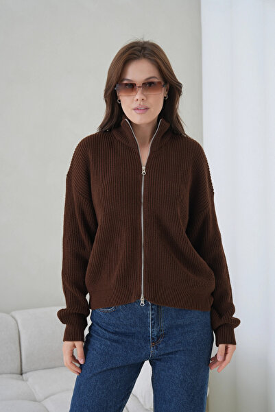 Park Karon Women's Mock Neck Zipper Closure Oversized Knitwear Cardigan