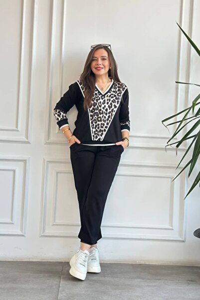 Yağmur Butik V Yaka Ribana Ve Leopar Detaylı Eşofman Takımı