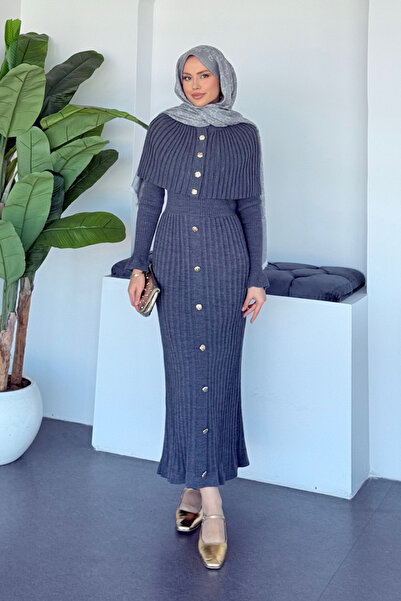 Şulemoda Giyim Çınar Cape Buttoned Suit Smoked