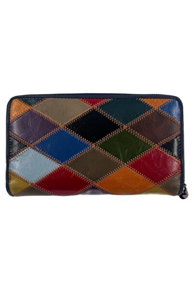 OEM Women's Leather Patchwork Wallet, Multicolor, Zip & Snap Closure, 19.3 x 11.5 x 3 cm, Da