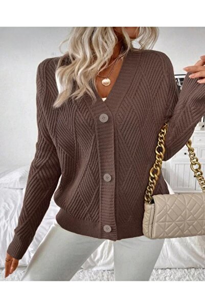 GNY TEXTİLE Buttoned Model Diamond Patterned Woven Detailed Long Sleeve Knitwear Cardigan