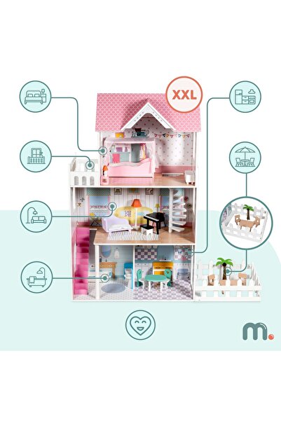 mamabrum XXL Cea mai mare casă de păpuși din lemn - 123 cm - iluminată cu LED-uri